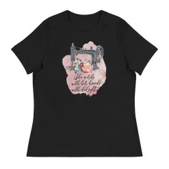 Works With Her Hands T-Shirt -Bella Rose Quilts womens relaxed t shirt black front 67e594759622d